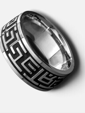 Black and Silver Greek Key Stainless Steel Men's Ring